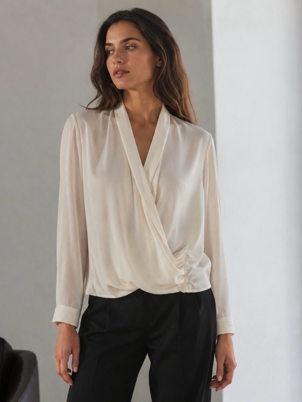 Theory Surplice Wrap Front with Gathered Waist Silk Blouse in Ivory L NWOT